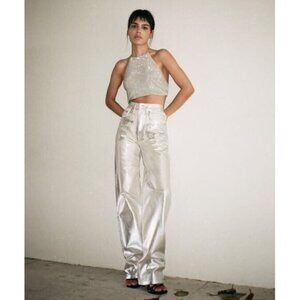 NWT Zara silver foil relaxed fit straight leg mid waist jeans, 4